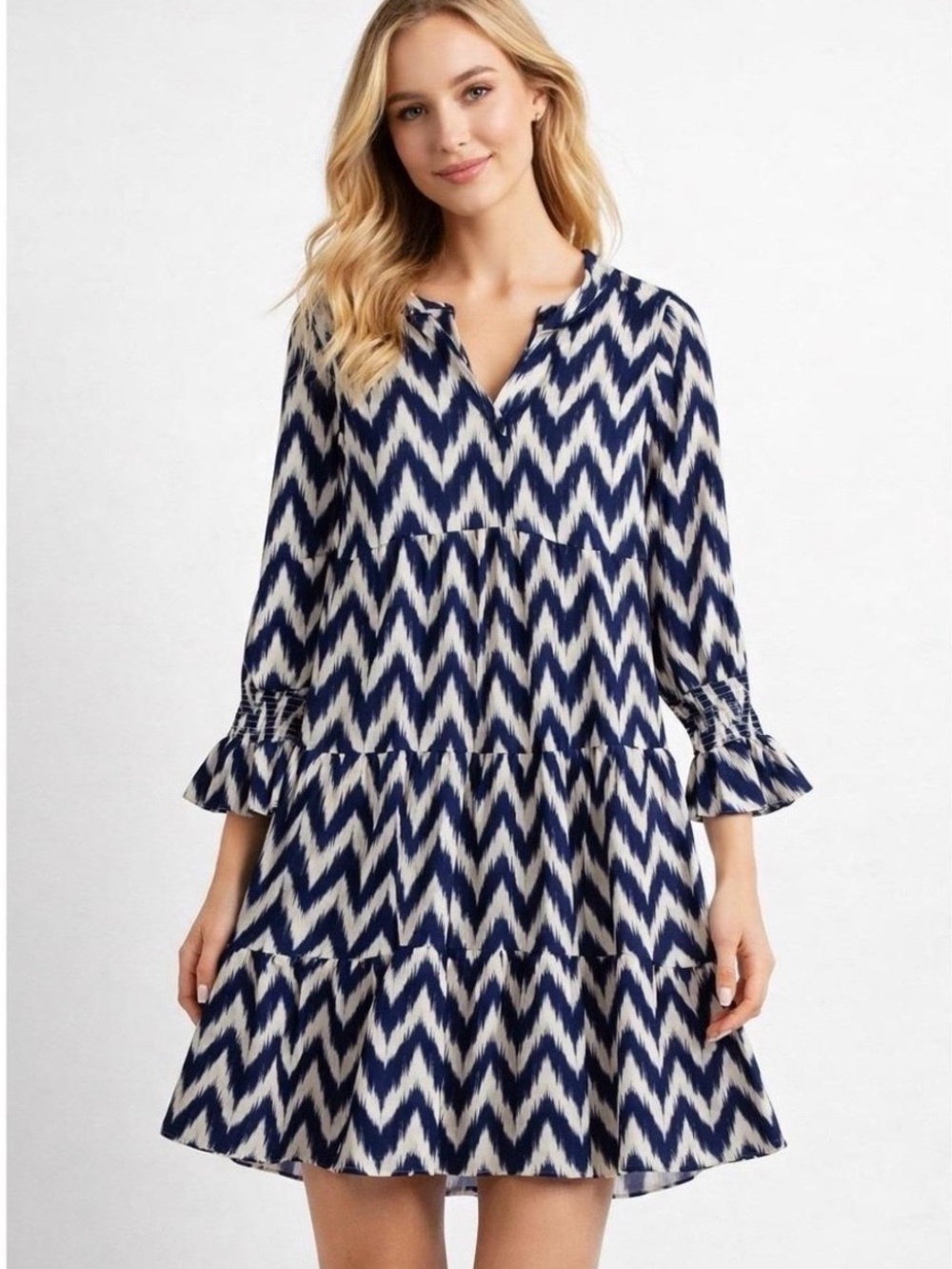 Pomander Place Navy and White Chevron Tiered Shift Dress